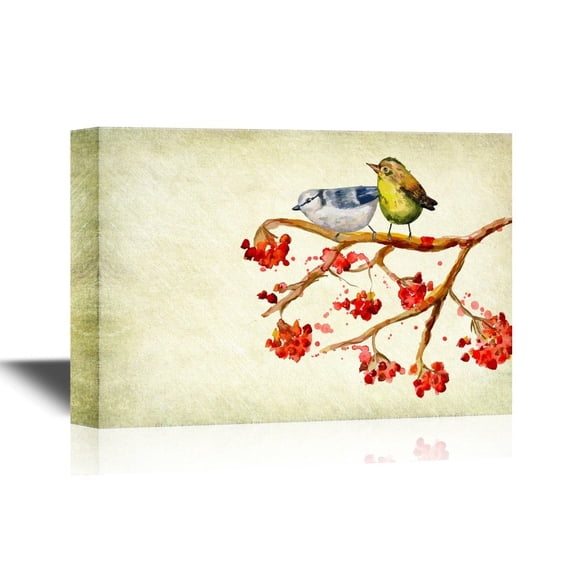 wall26 - Canvas Wall Art - Pair of Birds on a Rowan Berry Branch - Gallery Wrap Modern Home Art | Ready to Hang - 32x48 inches