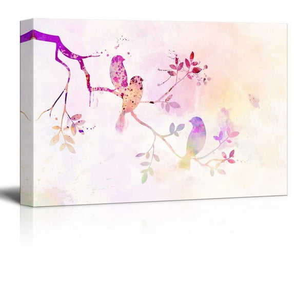 wall26 Canvas Wall Art - Pink Watercolor Style Painting with Birds Resting on Tree Branches - Giclee Print Gallery Wrap Modern Home Art Ready to Hang - 12x18 inches
