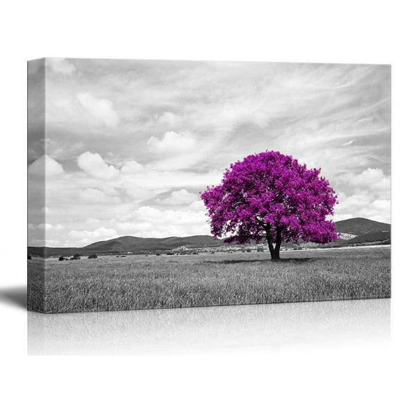 wall26 - Canvas Wall Art - Pop Color of Purple Tree on Black and White Landscape - Giclee Print Gallery Wrap Modern Home Art Ready to Hang - 32x48 inches