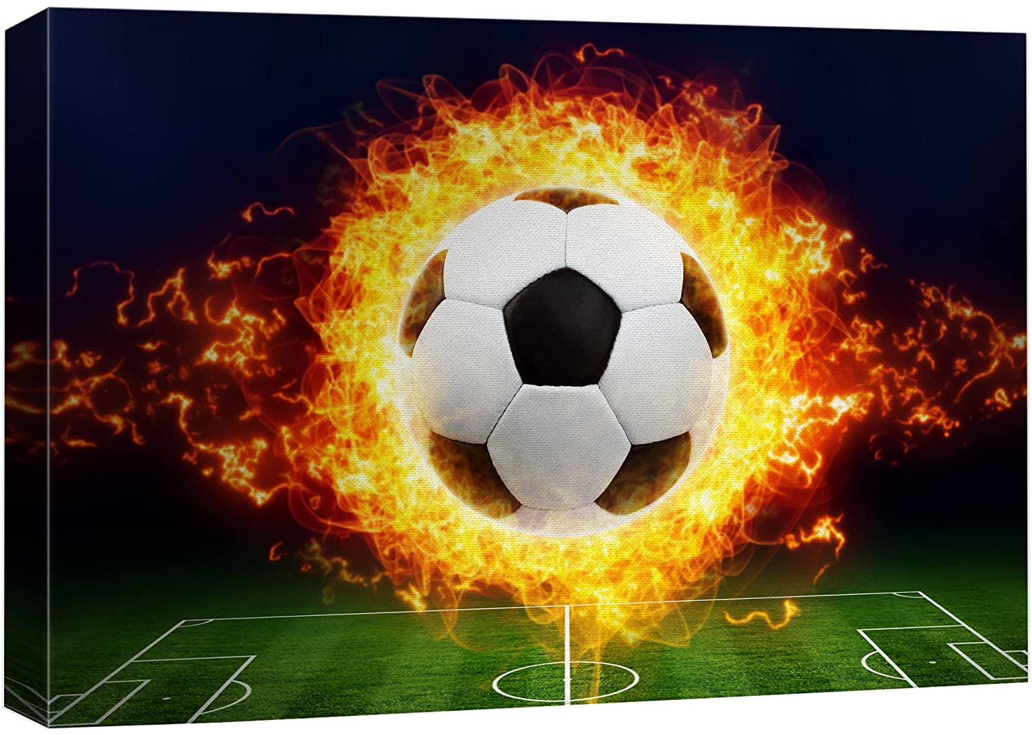 wall26 Canvas Wall Art Print Set Blazing Fire Soccer Ball on The Field