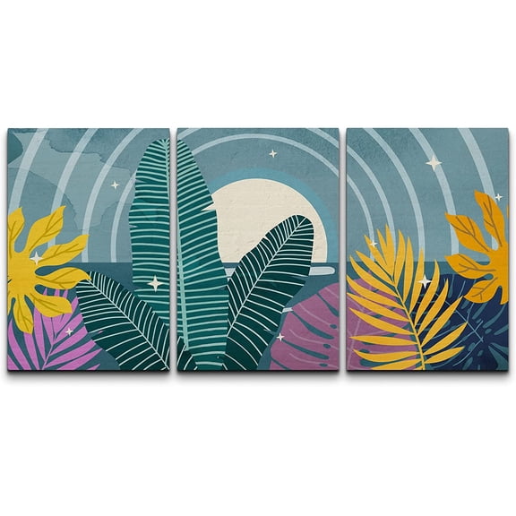 wall26 Canvas Wall Art Print Set Glowing Moon Tropical Mid-Century Jungle Plant Collage Floral Botanical Illustrations Modern Art Colorful for Living Room, Bedroom, Office - 16"x24" x 3