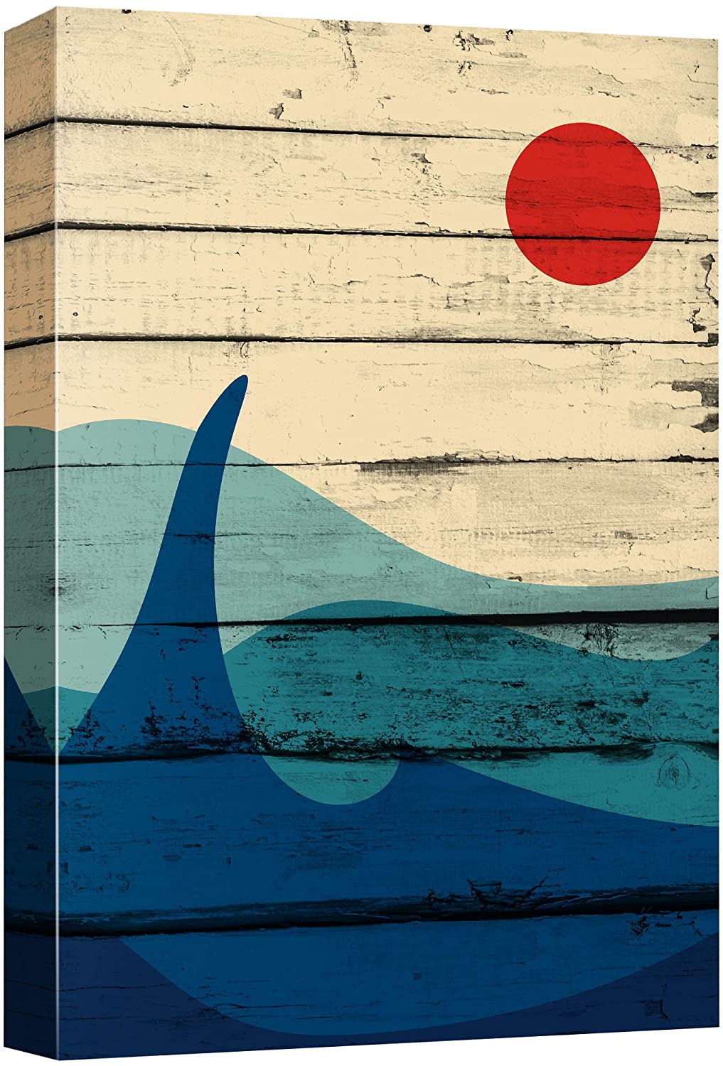 wall26 Canvas Wall Art Red Sun, Green Ocean and Deep Blue Waves