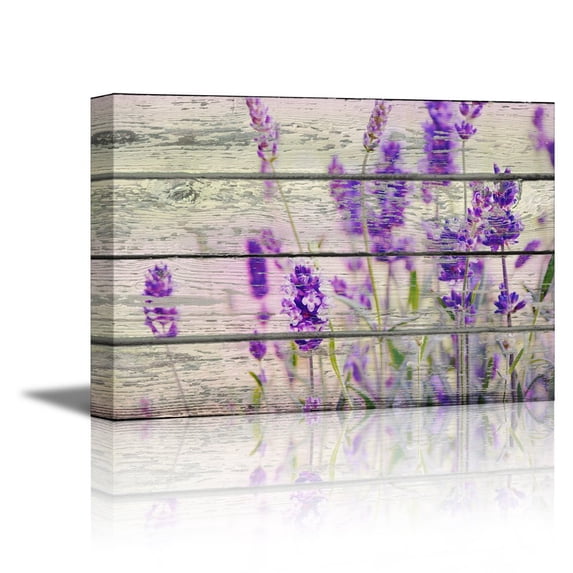 wall26 Canvas Wall Art - Retro Style Purple Lavender Flowers on Vintage Wood Background Modern Wall Decor Rustic Home Decoration - 12" x 18"