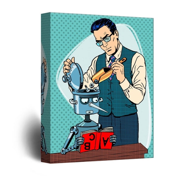 wall26 - Canvas Wall Art - Robot Scientist Comic Strip Pop Art - Giclee Print Gallery Wrap Modern Home Art Ready to Hang - 12x18 inches