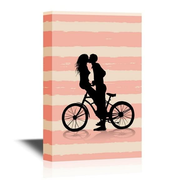 wall26 - Canvas Wall Art - Romantic Couples Silhouettes with Bike - Gallery Wrap Modern Home Art | Ready to Hang - 16x24 inches
