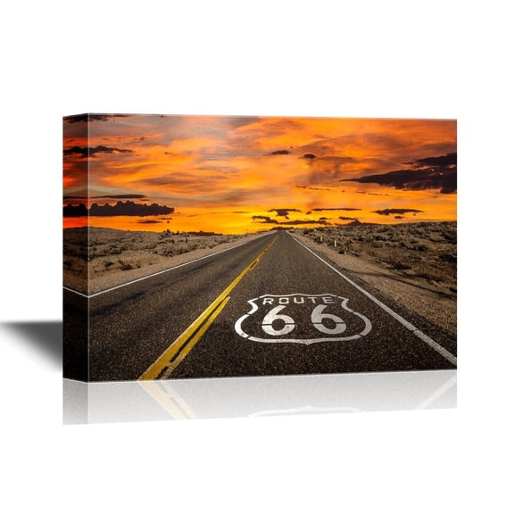 wall26 - Canvas Wall Art - Route 66 with Orange Sky - Gallery Wrap Modern Home Art | Ready to Hang - 12x18 inches
