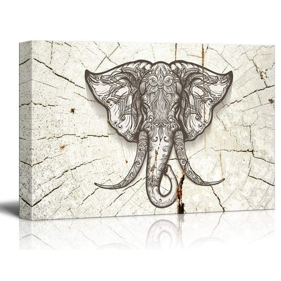 wall26 - Canvas Wall Art - Rustic Style Elephant Head on Wood Effect Background - Giclee Print Gallery Wrap Modern Home Art Ready to Hang - 12x18 inches