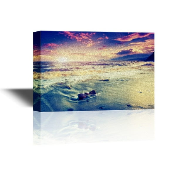wall26 - Canvas Wall Art - Seascape of Waves on The Beach at Sunset Time - Gallery Wrap Modern Home Art | Ready to Hang - 12x18 inches