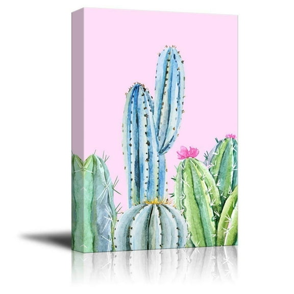 wall26 Canvas Wall Art Succulent Plants Series - Cactus on Pink Background - Giclee Print Gallery Wrap Modern Home Art Ready to Hang - 12" x 18"