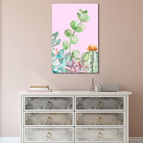 wall26 Canvas Wall Art Succulent Plants Series - Watercolor Style Plants on Pink Background - Giclee Print Gallery Wrap Modern Home Art Ready to Hang - 16" x 24"