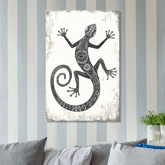 wall26 Canvas Wall Art - Sugar Tattoo Style Gecko in Black and White on Rustic Background - Giclee Print Gallery Wrap Modern Home Art Ready to Hang - 24x36 inches