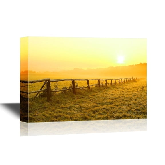 wall26 - Canvas Wall Art - Sunrise Over Misty Grassland with Wooden Fence - Gallery Wrap Modern Home Art | Ready to Hang - 16x24 inches
