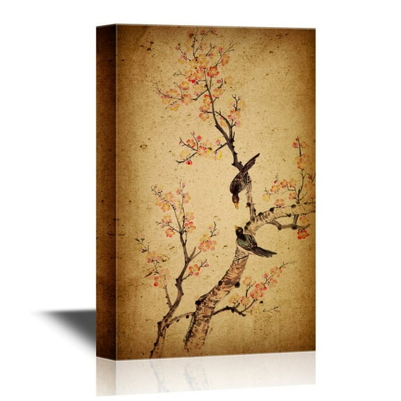 wall26 Canvas Wall Art - Traditional Chinese Painting of Flowers, Plum Blossom and Two Birds on Tree - Gallery Wrap Modern Home Art | Ready to Hang - 32x48 inches