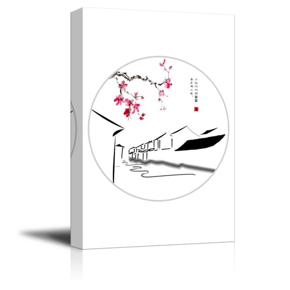 wall26 - Canvas Wall Art - Traditional Chinese Style Black and White Painting with Cherry Blossom and House in Spring - Giclee Print Gallery Wrap Modern Home Art Ready to Hang - 24x36 inches