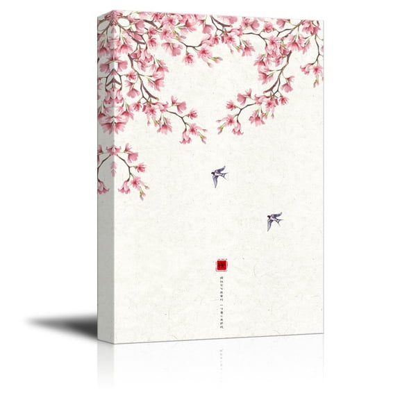 wall26 Canvas Wall Art - Traditional Chinese Style Painting of Cherry Blossom and Birds in Spring - Giclee Print Gallery Wrap Modern Home Art Ready to Hang - 16x24 inches