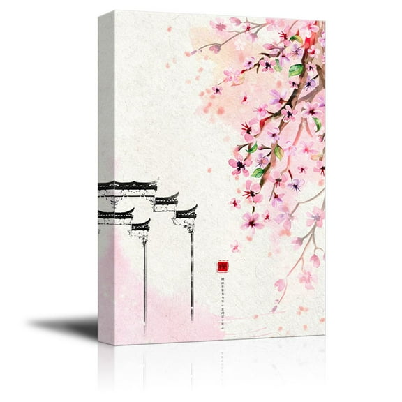 wall26 Canvas Wall Art - Traditional Chinese Style Painting of Cherry Blossom in Spring - Giclee Print Gallery Wrap Modern Home Art Ready to Hang - 32x48 inches