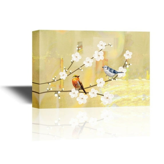 wall26 - Canvas Wall Art - Two Birds on Branches with Almond Blossom - Gallery Wrap Modern Home Art | Ready to Hang - 16x24 inches