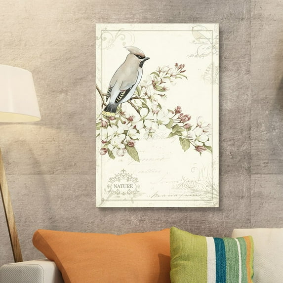 wall26 Canvas Wall Art - Vintage Style Bird on Tree Branch Blooming Flowers - Giclee Print Gallery Wrap Modern Home Art Ready to Hang - 32x48 inches