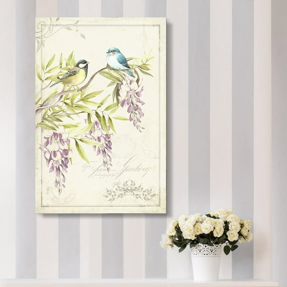 wall26 Canvas Wall Art - Vintage Style Birds on Branch Pruple Flowers - Giclee Print Gallery Wrap Modern Home Art Ready to Hang - 32x48 inches