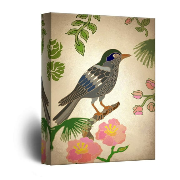 wall26 - Canvas Wall Art - Vintage Style Brid on Flower Branch - Giclee Print Gallery Wrap Modern Home Art Ready to Hang - 32x48 inches