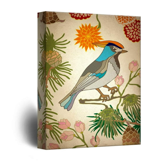 wall26 - Canvas Wall Art - Vintage Style Colorful Brid on Flower Branch - Giclee Print Gallery Wrap Modern Home Art Ready to Hang - 24x36 inches