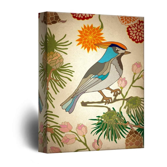wall26 - Canvas Wall Art - Vintage Style Colorful Brid on Flower Branch - Giclee Print Gallery Wrap Modern Home Art Ready to Hang - 32x48 inches