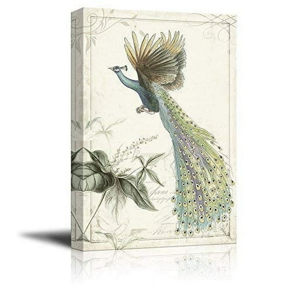wall26 Canvas Wall Art - Vintage Style Flying Peacock on Floral Background - Giclee Print Gallery Wrap Modern Home Art Ready to Hang - 12x18 inches