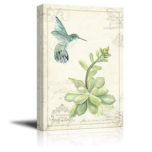 wall26 Canvas Wall Art - Vintage Style Humming Bird Flying Towards a Flower - Giclee Print Gallery Wrap Modern Home Art Ready to Hang - 24x36 inches