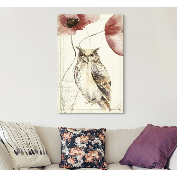 wall26 Canvas Wall Art - Vintage Style Owl Poppy Flowers on Floral Background - Giclee Print Gallery Wrap Modern Home Art Ready to Hang - 24x36 inches