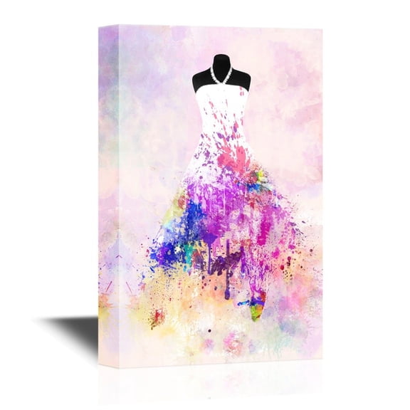 wall26 - Canvas Wall Art - White Wedding Dress with Color Splash on Watercolor Background - Gallery Wrap Modern Home Art | Ready to Hang - 16x24 inches