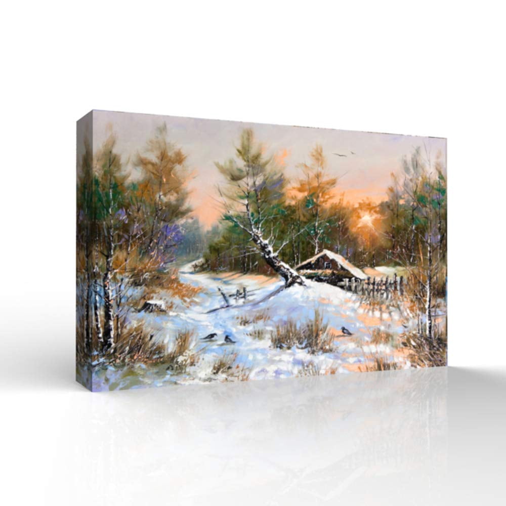 wall26 - Canvas Wall Art - Winter Forest Snow Village Oil Painting ...