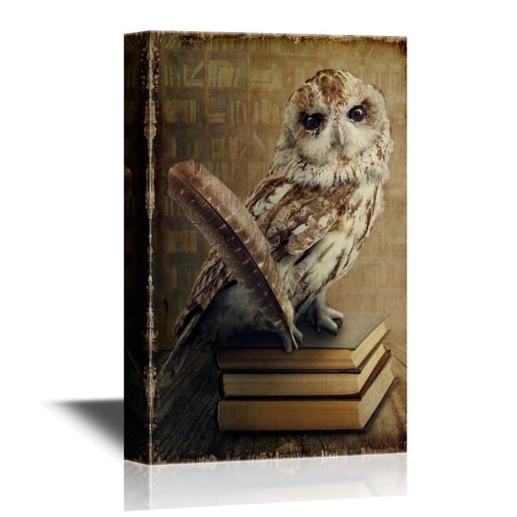 wall26 - Canvas Wall Art - Wise Owl Sitting on Books - Gallery Wrap Modern Home Art | Ready to Hang - 12x18 inches