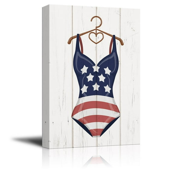 wall26 - Canvas Wall Art - Women Swimming Suit with American Flag Pattern on Vintage Wooden Background - Giclee Print Gallery Wrap Modern Home Art Ready to Hang - 32x48 inches