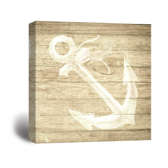 wall26 - Canvas Wall Art - Wooden Background Boat Anchor Line Drawing for Living Room - Modern Home Art Stretched and Framed Ready to Hang - 12x12 inches