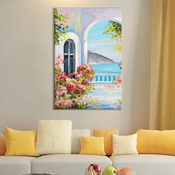 wall26 Canvas Wall Art of Beautiful Oil Painting of a Balcony Ocean View | 24" x 36"