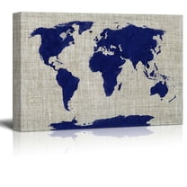 wall26 - Canvas Wll Art - Blue Worldmap on Burlap Feeling Background - Giclee Print and Stretched Gallery Wrap | Modern Home Art Ready to Hang - 24"x36"