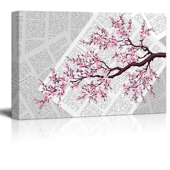 wall26 - Canvas Wll Art - Cherry Blossom Paintings on Vintage Newspaper Background - Giclee Print and Stretched Ready to Hang - 24"x36"