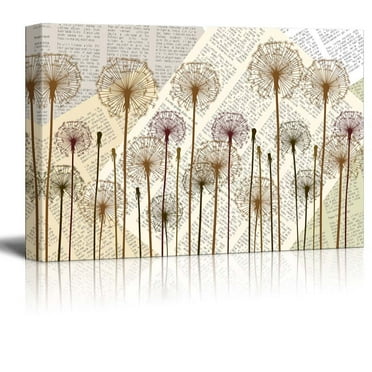 wall26 - Canvas Wll Art - Dandelions on Vintage Newspaper Background - Giclee Print and Stretched Ready to Hang - 32&quot;x48&quot;