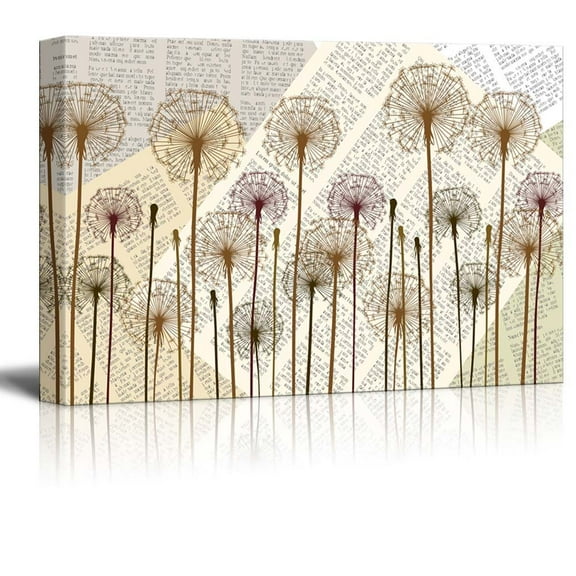 wall26 - Canvas Wll Art - Dandelions on Vintage Newspaper Background - Giclee Print and Stretched Ready to Hang - 32"x48"