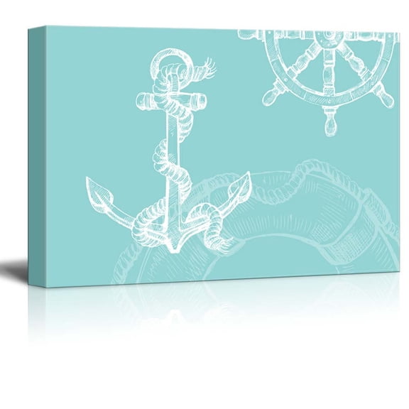 wall26 - Canvas Wll Art - Ship Helm and Anchor on Teal Ocean Theme Background - Giclee Print and Stretched Gallery Wrap | Modern Home Art Ready to Hang - 12"x18"