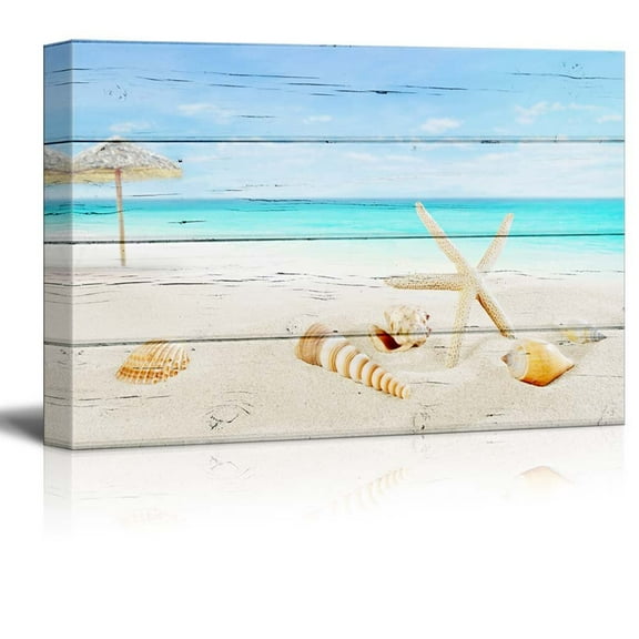 wall26 - Canvas Wll Art - Tropical Beach with Star Fish and Seashells on Wooden Feeling Background - Giclee Print and Stretched Gallery Wrap | Modern Home Art Ready to Hang - 24"x36"