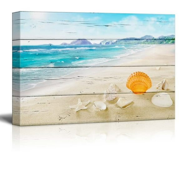 wall26 - Canvas Wll Art - Tropical Beach with Star Fish and Seashells on Wooden Feeling Background - Giclee Print and Stretched Gallery Wrap | Modern Home Art Ready to Hang - 32"x48"