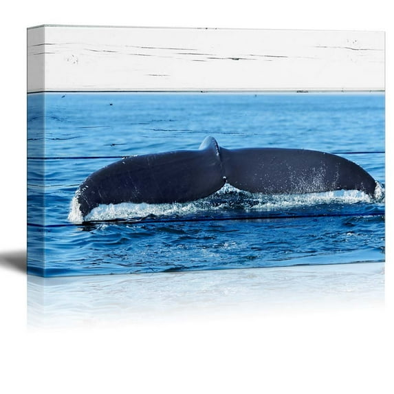 wall26 - Canvas Wll Art - Whale Tail on Vintage Wooden Feeling Background - Giclee Print and Stretched Gallery Wrap | Modern Home Art Ready to Hang - 16"x24"
