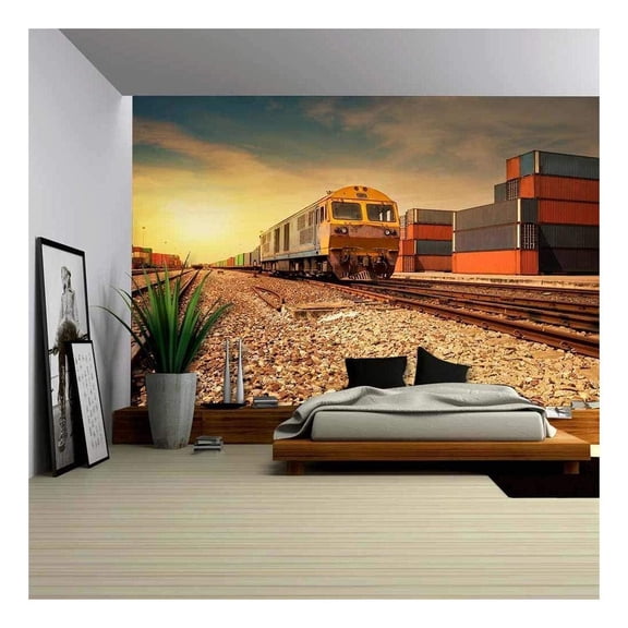 wall26 - Cargo Train Platform at Sunset with Container - Removable Wall Mural | Self-Adhesive Large Wallpaper - 100x144 inches