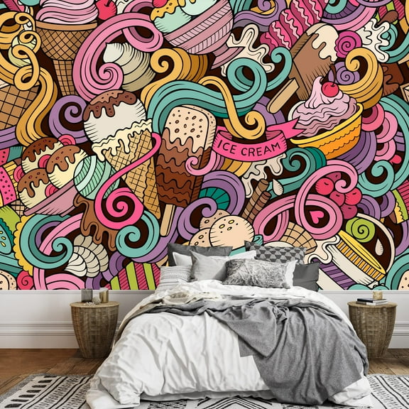 wall26 - Cartoon Hand-Drawn Ice Cream Doodles Seamless Pattern - Removable Wall Mural | Self-Adhesive Large Wallpaper - 66x96 inches