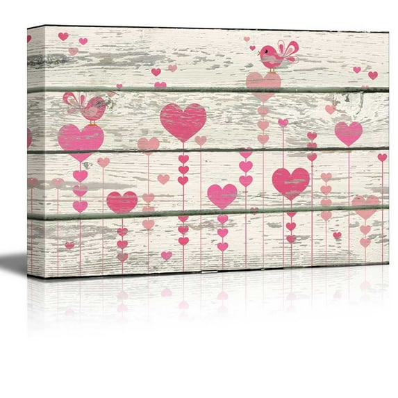 wall26 - Cartoon Pink Hearts and Birds Singing Artwork - Rustic Canvas Wall Art Home Art - 16x24 inches