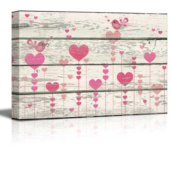 wall26 - Cartoon Pink Hearts and Birds Singing Artwork - Rustic Canvas Wall Art Home Art - 32x48 inches