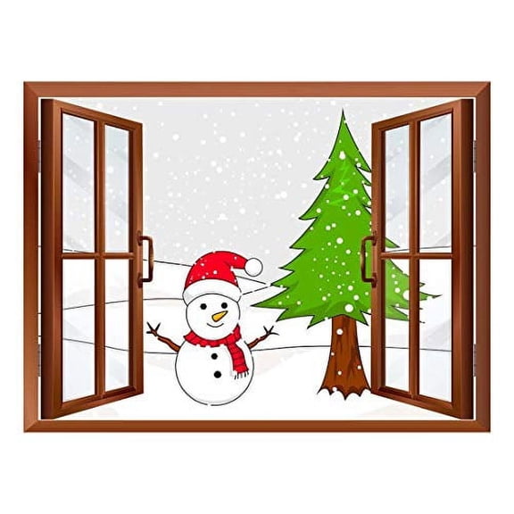wall26 Cartoon Snowman and Christmas Tree - Peel and Stick Self-Adhesive Removable Window View Wall Sticker/Wall Mural - 36"x48"