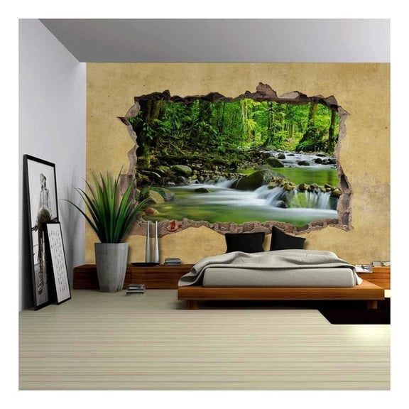 wall26 - Cascading Spring in Tropical Rainforest Viewed Through a Broken Wall - Large Wall Mural, Removable Peel and Stick Wallpaper, Home Decor - 66x96 inches