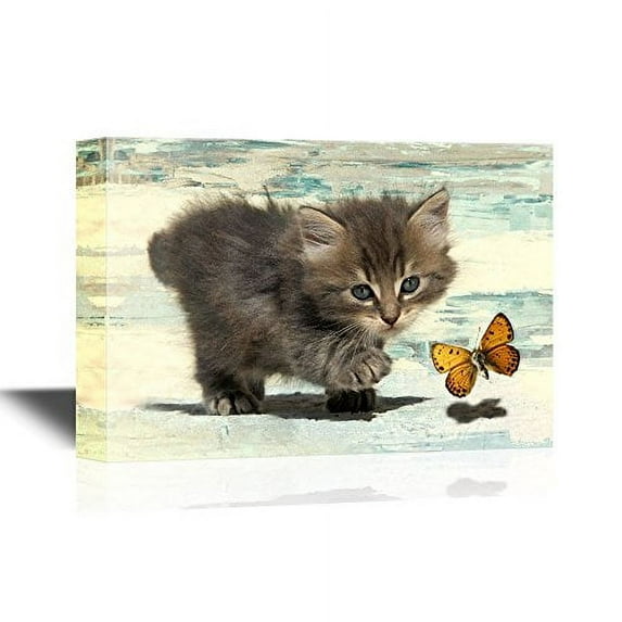 wall26 - Cats Canvas Wall Art - Little Kitten Chasing a Butterfly - Gallery Wrap Modern Home Art | Ready to Hang - 24x36 inches